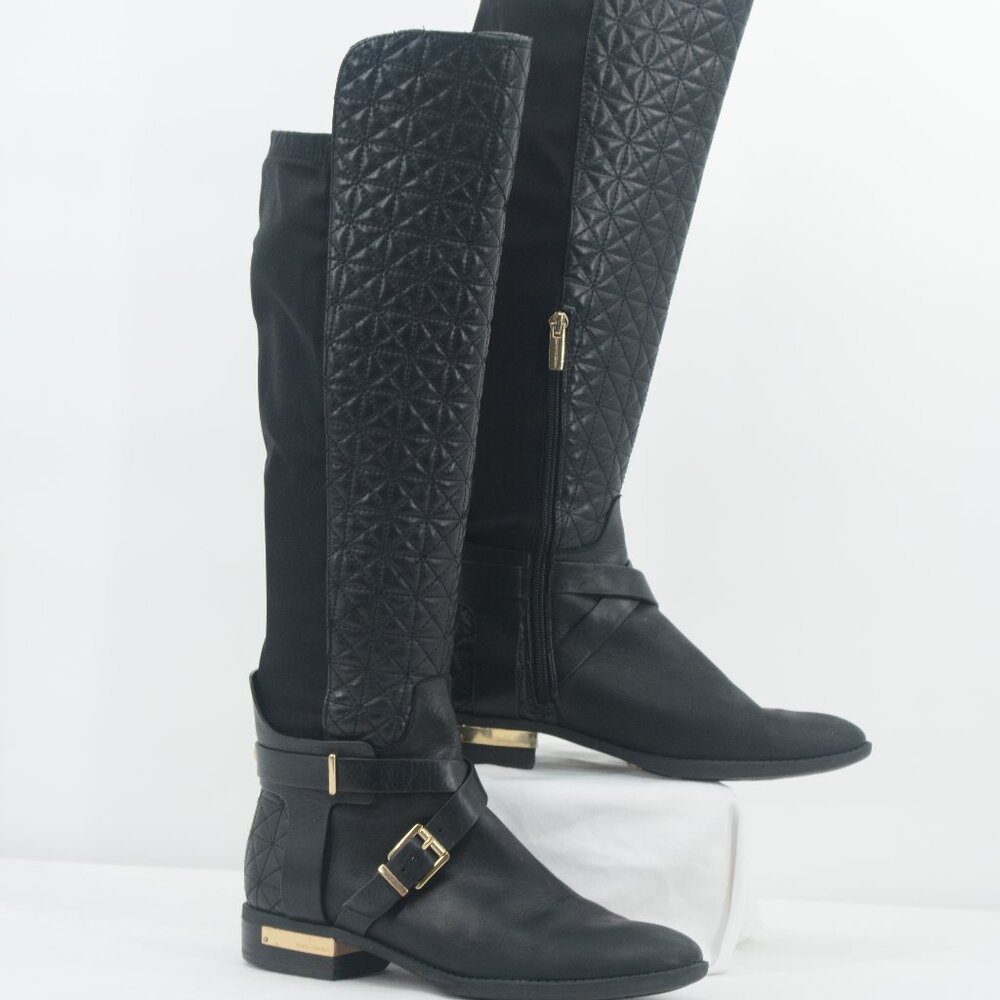Vince Camuto PATIRA Tall Riding Boots 8M Black Leather Gold Quilted